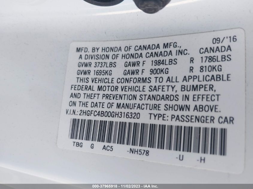 2016 HONDA CIVIC LX - 2HGFC4B00GH316320