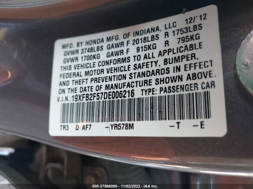 2013 HONDA CIVIC SDN LX 19XFB2F57DE006216