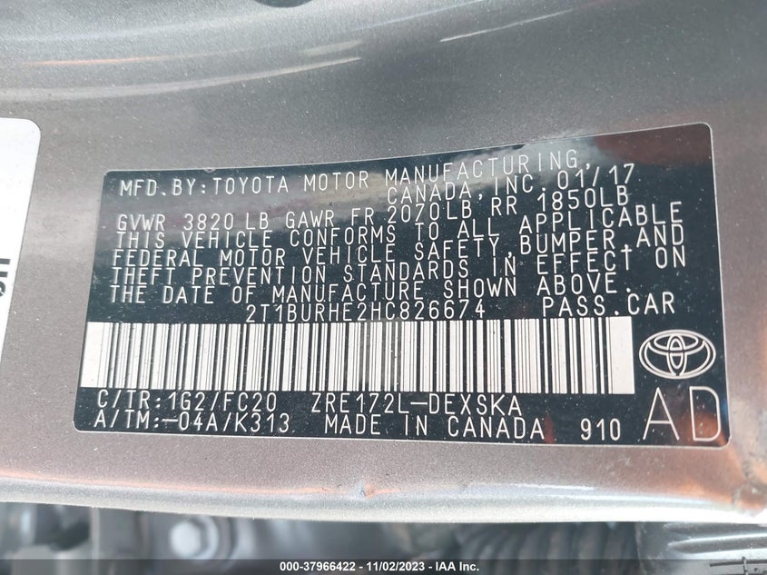 VIN 2T1BURHE2HC826674 2017 TOYOTA COROLLA L/LE/XLE/SE/XSE