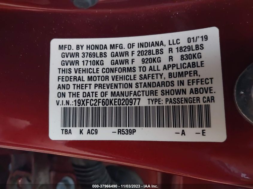 2019 HONDA CIVIC LX - 19XFC2F60KE020977