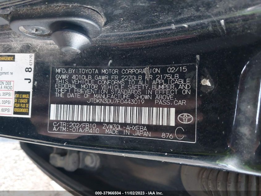 2015 TOYOTA PRIUS - JTDKN3DU7F0443019