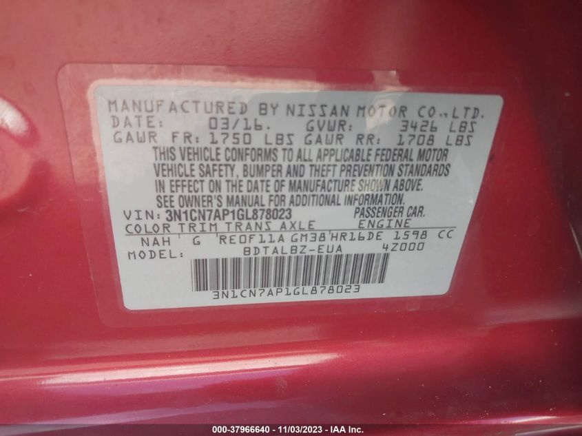 2016 NISSAN VERSA 1.6 S/1.6 S+/1.6 SL - 3N1CN7AP1GL878023