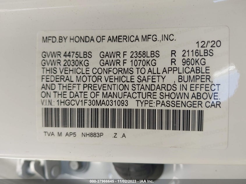 VIN 1HGCV1F30MA031093 2021 HONDA ACCORD SPORT
