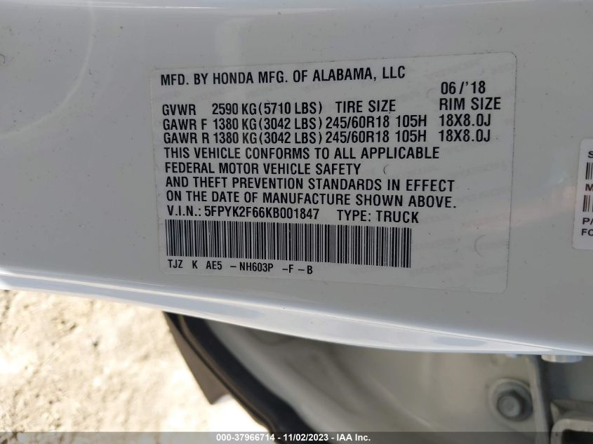 2019 HONDA RIDGELINE RTL - 5FPYK2F66KB001847