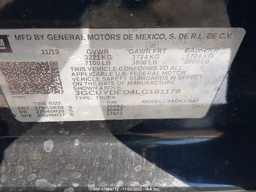 2020 CHEVROLET SILVERADO 1500 4WD  SHORT BED LT - 3GCUYDED4LG181178