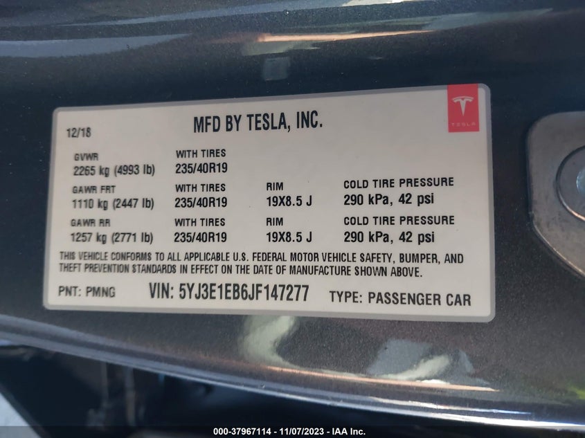 VIN 5YJ3E1EB6JF147277 2018 TESLA MODEL 3 LONG RANGE