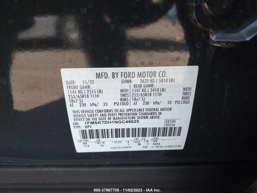 VIN 1FMSK7DH1NGC49025 2022 FORD EXPLORER XLT