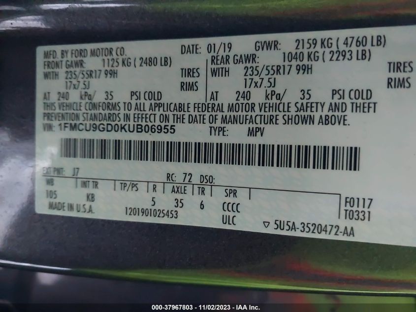 2019 FORD ESCAPE SE - 1FMCU9GD0KUB06955