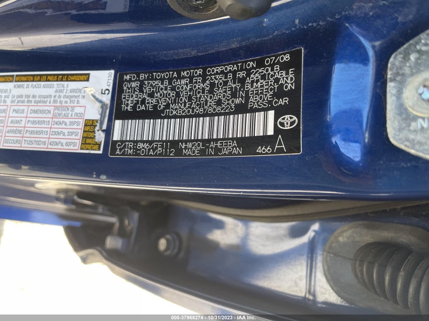 2008 TOYOTA PRIUS VIN: JTDKB20U987808223