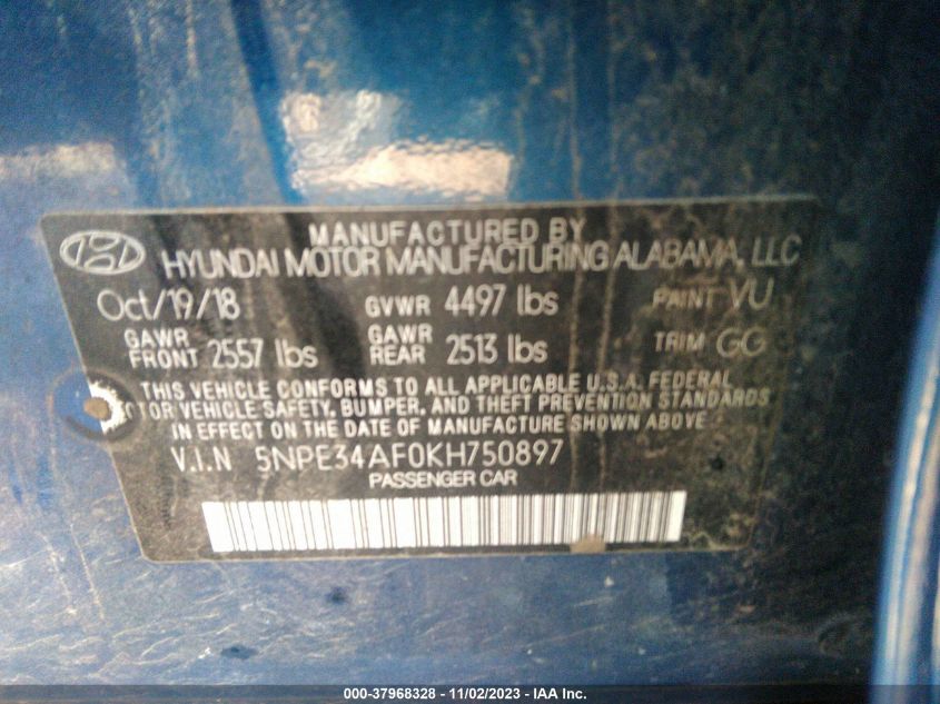 2019 HYUNDAI SONATA LIMITED/SEL/SPORT - 5NPE34AF0KH750897