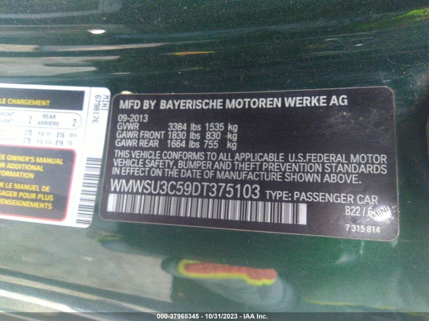 2013 MINI HARDTOP COOPER WMWSU3C59DT375103