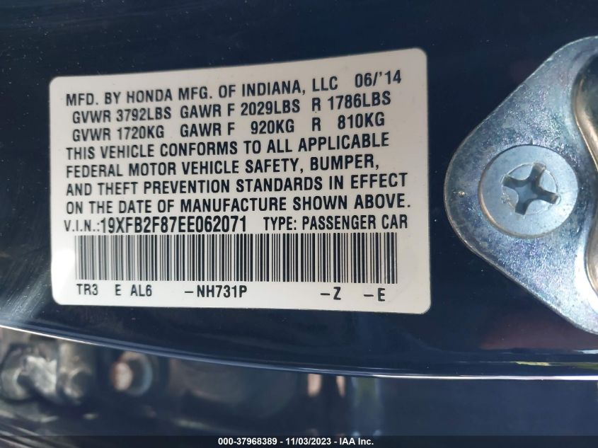 2014 HONDA CIVIC SEDAN EX - 19XFB2F87EE062071