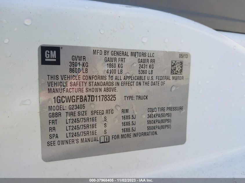 2013 CHEVROLET EXPRESS 2500 WORK VAN 1GCWGFBA7D1178325