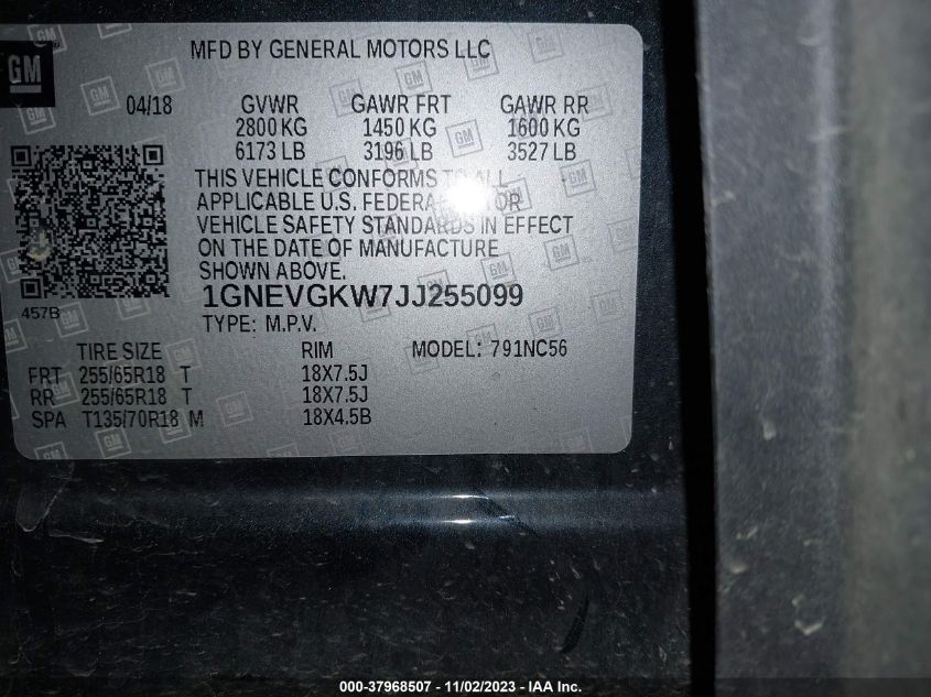 2018 CHEVROLET TRAVERSE LT CLOTH - 1GNEVGKW7JJ255099