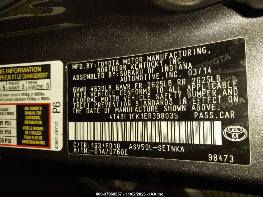 2014 TOYOTA CAMRY L/SE/LE/XLE - 4T4BF1FK1ER398035
