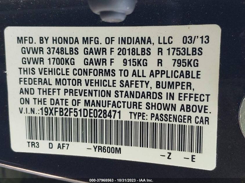 2013 HONDA CIVIC LX - 19XFB2F51DE028471