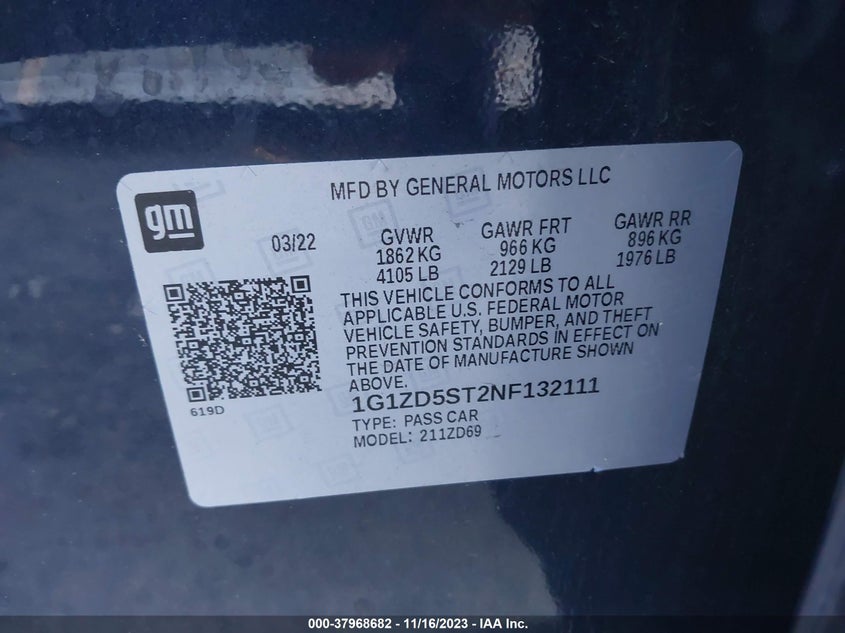 VIN 1G1ZD5ST2NF132111 2022 CHEVROLET MALIBU LT