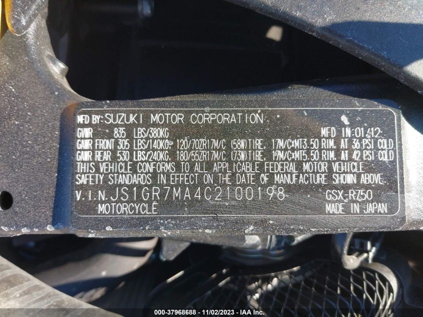 2012 SUZUKI GSX750 JS1GR7MA4C2100198
