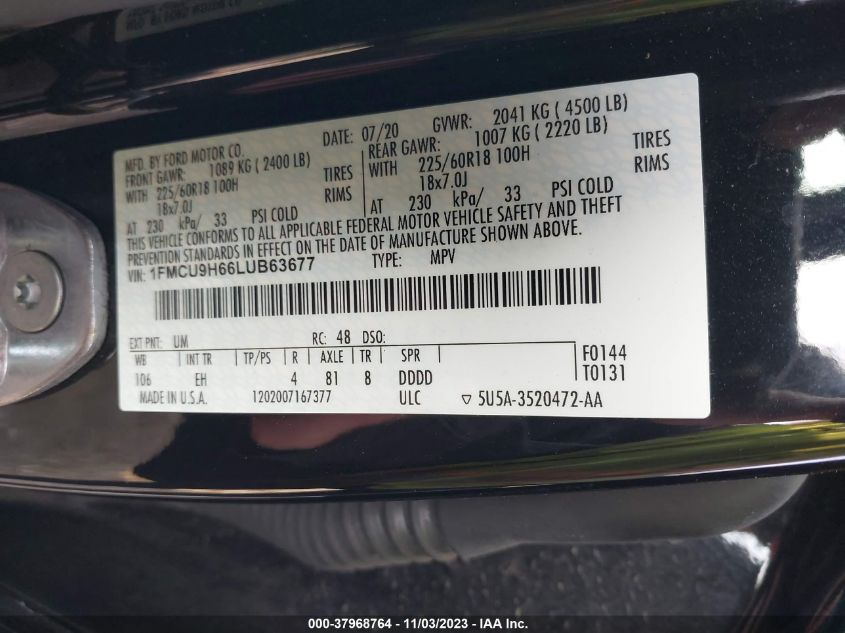 2020 FORD ESCAPE SEL - 1FMCU9H66LUB63677