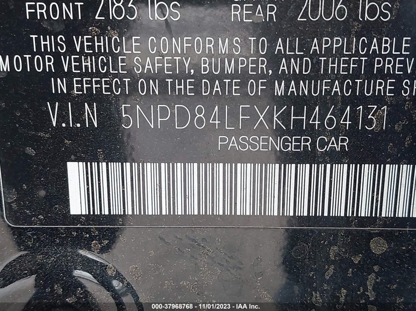 VIN 5NPD84LFXKH464131 2019 HYUNDAI ELANTRA SEL/VALUE/LIMITED