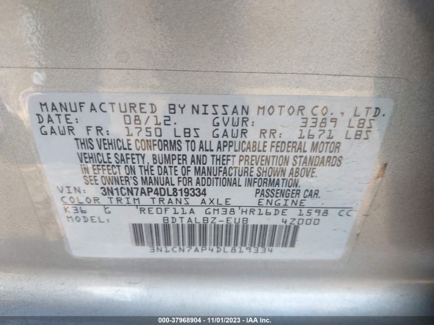 2013 NISSAN VERSA 1.6 SV - 3N1CN7AP4DL819334