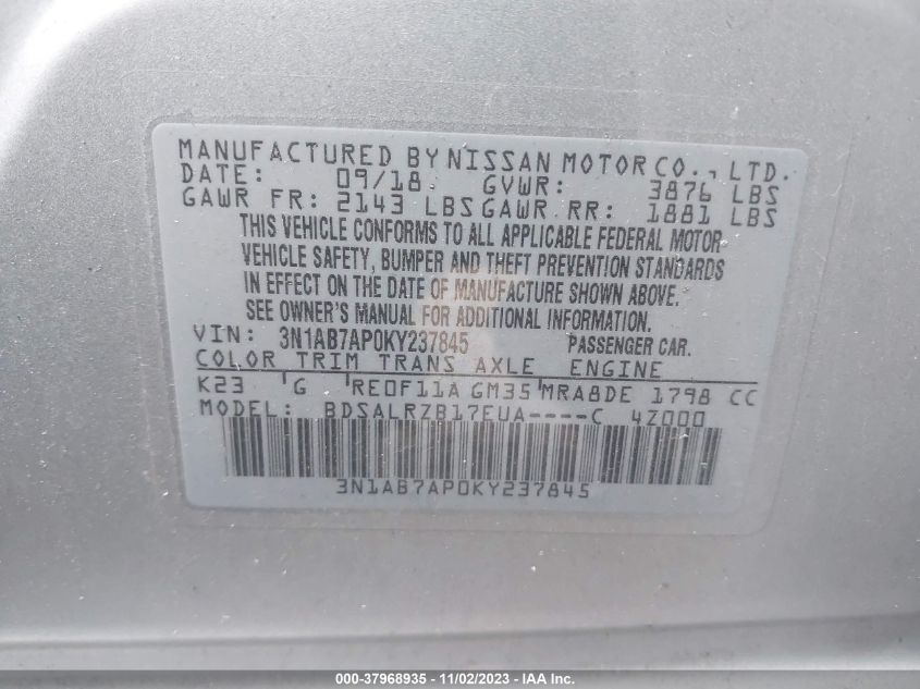 3N1AB7AP0KY237845 | 2019 NISSAN SENTRA