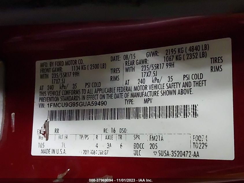 2016 FORD ESCAPE SE - 1FMCU9G95GUA59490