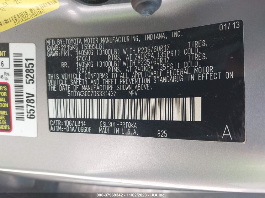 2013 TOYOTA SIENNA XLE V6 8 PASSENGER - 5TDYK3DC7DS331437