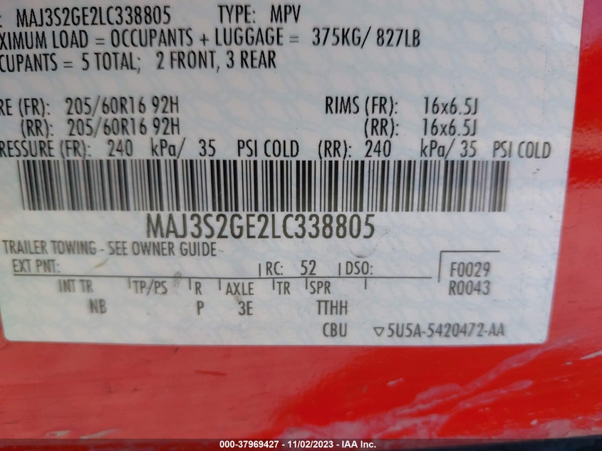 VIN MAJ3S2GE2LC338805 2020 FORD ECOSPORT SE