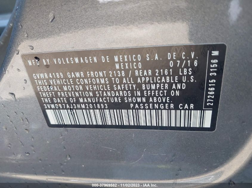 2017 VOLKSWAGEN JETTA 1.4T SE - 3VWDB7AJ3HM201893
