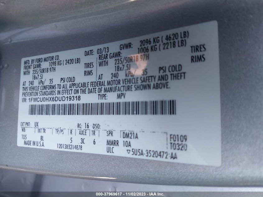 2013 FORD ESCAPE SEL - 1FMCU0HX6DUD19318