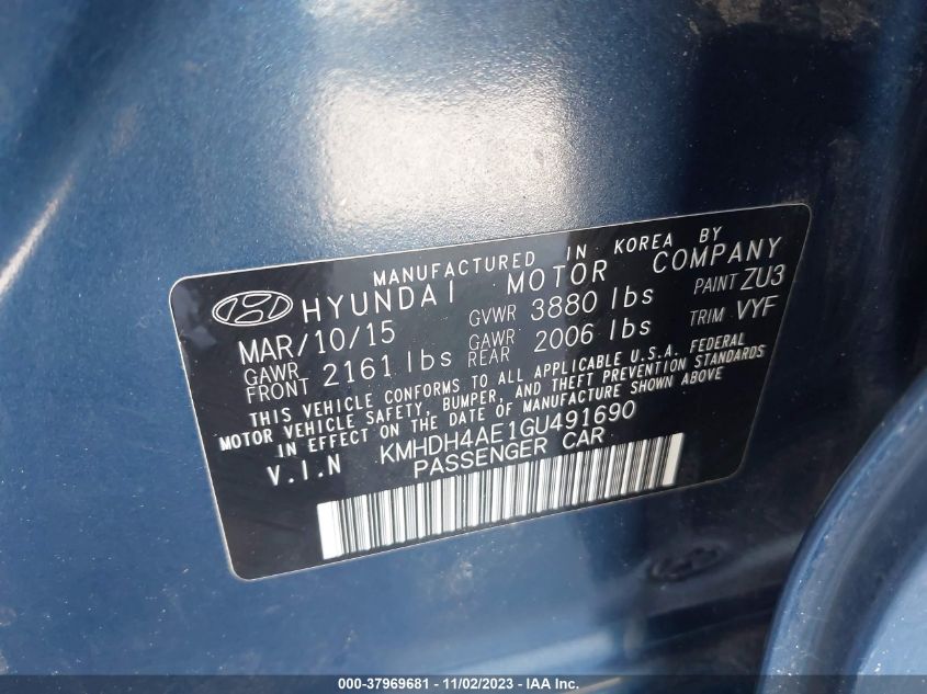 2016 HYUNDAI ELANTRA SE/SPORT/LIMITED - KMHDH4AE1GU491690