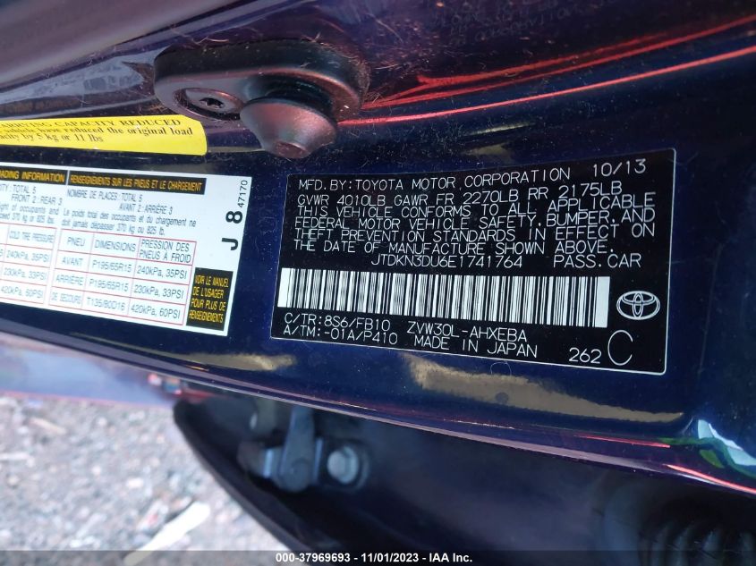 2014 TOYOTA PRIUS FOUR/FIVE/THREE/ONE/TWO - JTDKN3DU6E1741764