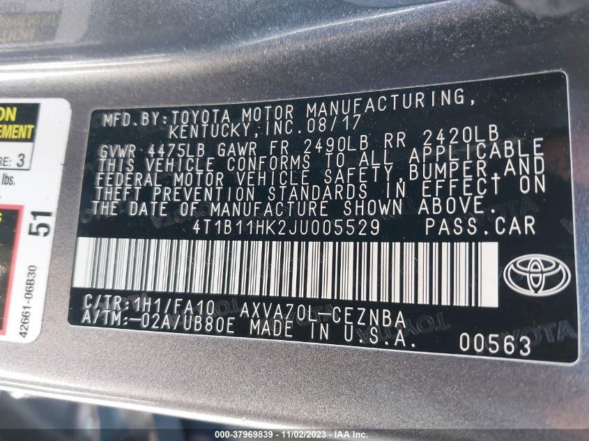 2018 TOYOTA CAMRY LE - 4T1B11HK2JU005529