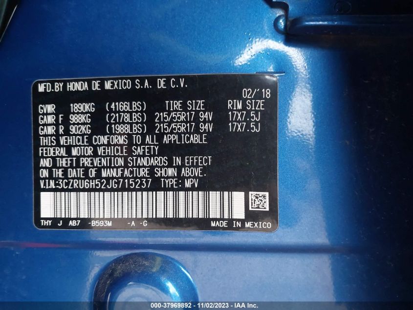 2018 HONDA HR-V EX - 3CZRU6H52JG715237