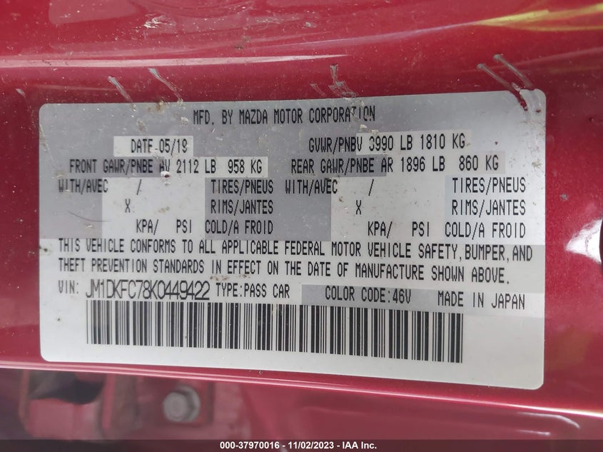 VIN JM1DKFC78K0449422 2019 MAZDA CX-3 TOURING
