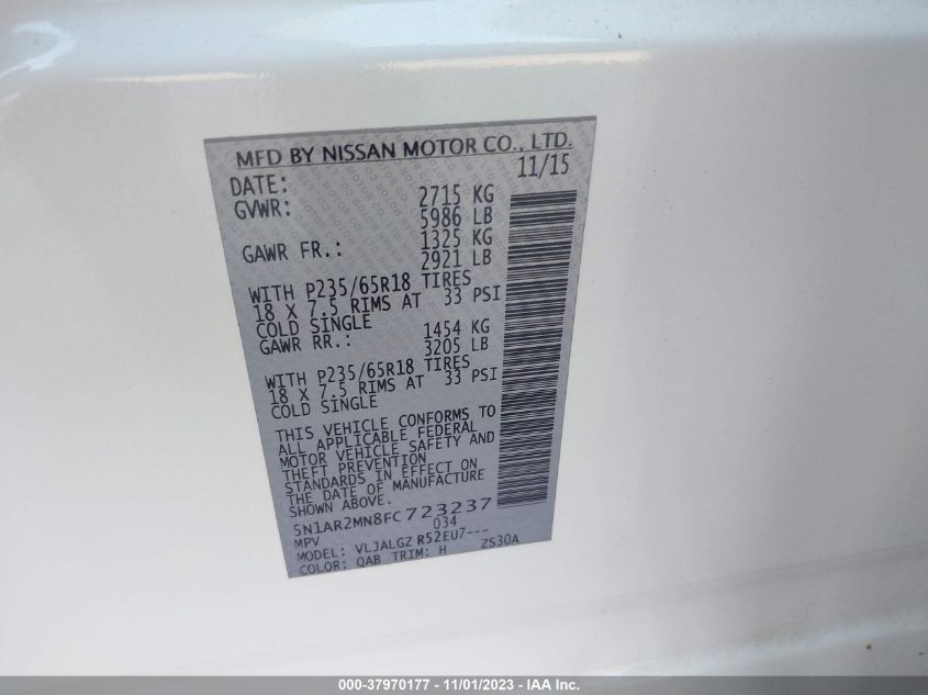 2015 NISSAN PATHFINDER S/SV/SL/PLATINUM - 5N1AR2MN8FC723237