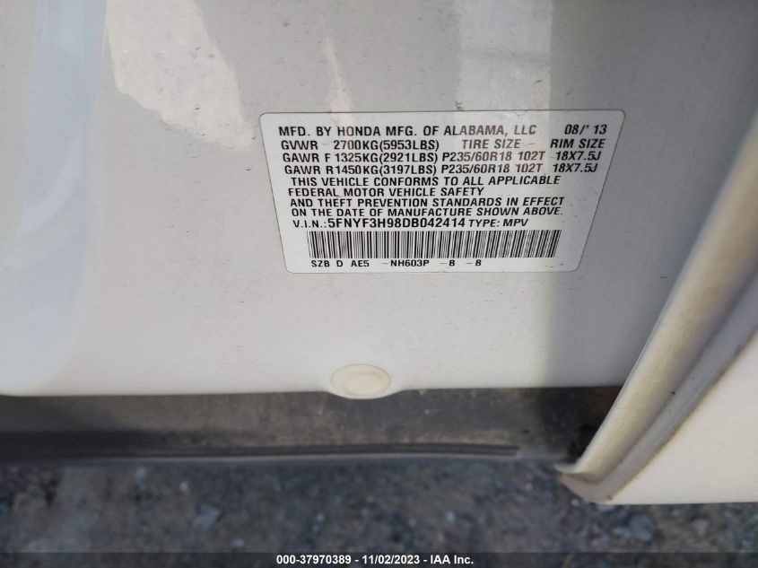 2013 HONDA PILOT TOURING - 5FNYF3H98DB042414