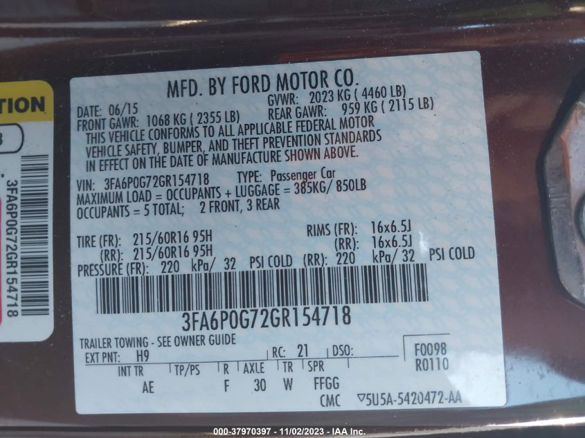 2016 FORD FUSION S - 3FA6P0G72GR154718