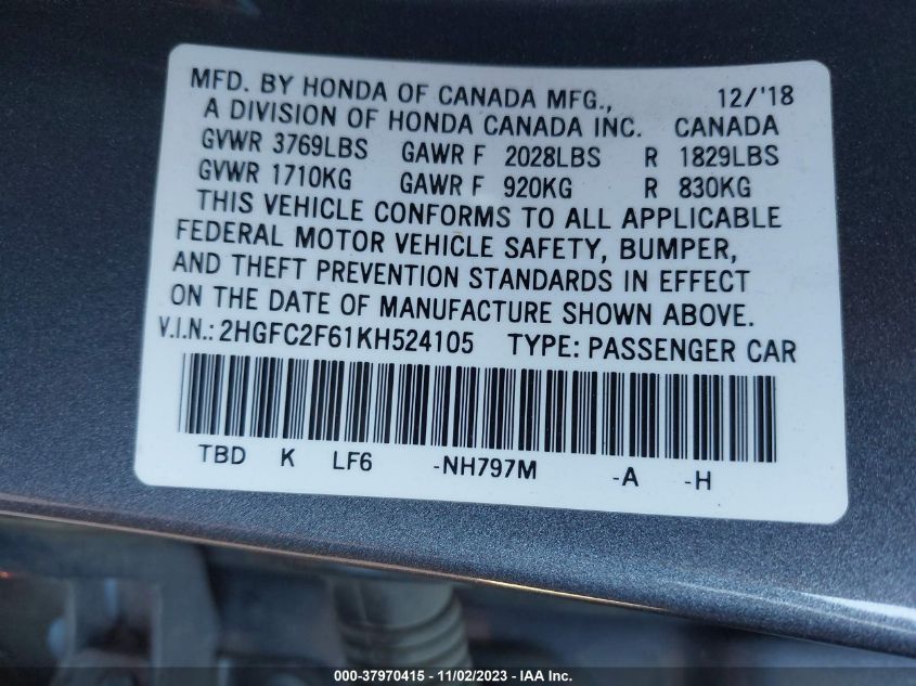 2019 HONDA CIVIC LX - 2HGFC2F61KH524105