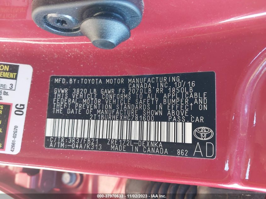 2017 TOYOTA COROLLA LE - 2T1BURHEXHC781600