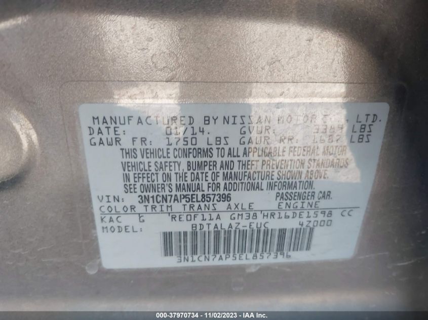 2014 NISSAN VERSA S/S PLUS/SV/SL - 3N1CN7AP5EL857396