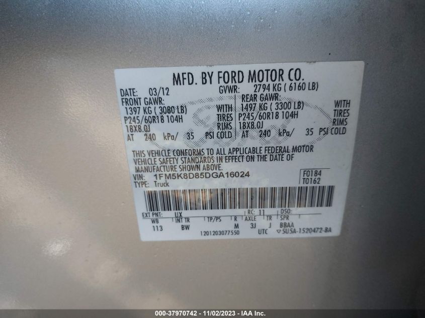 2013 FORD EXPLORER XLT - 1FM5K8D85DGA16024