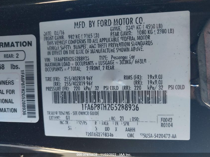 2016 FORD MUSTANG ECOBOOST - 1FA6P8TH2G5288936