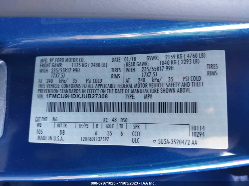 VIN 1FMCU9HDXJUB27308 2018 FORD ESCAPE SEL