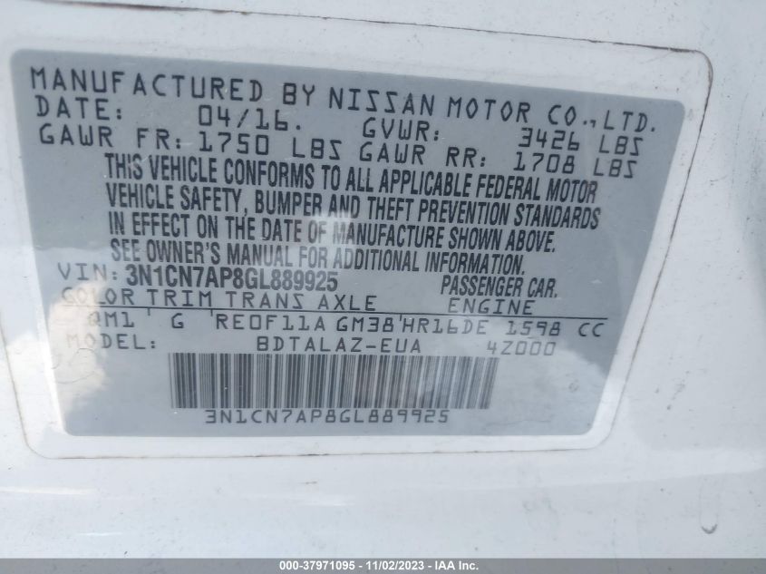 2016 NISSAN VERSA 1.6 S+ - 3N1CN7AP8GL889925