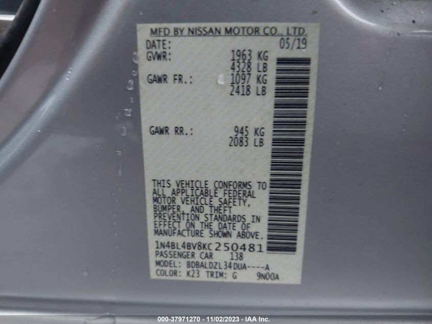 2019 NISSAN ALTIMA S - 1N4BL4BV8KC250481