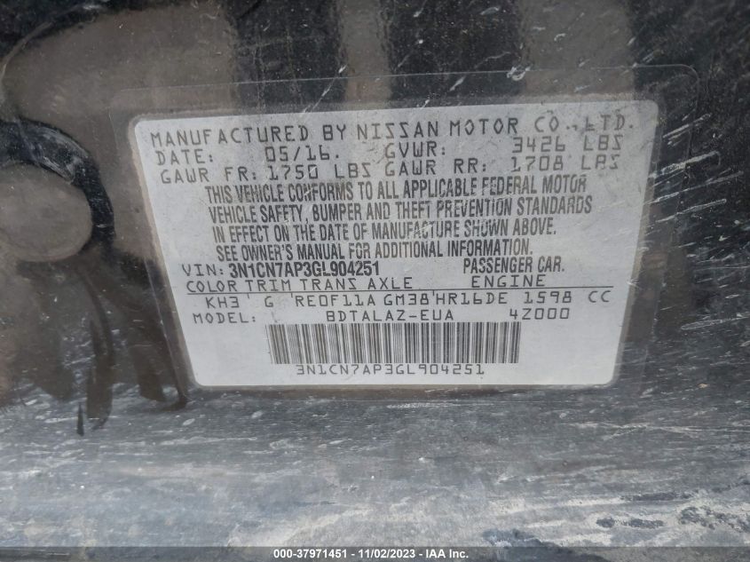 2016 NISSAN VERSA S/S PLUS/SV/SL - 3N1CN7AP3GL904251