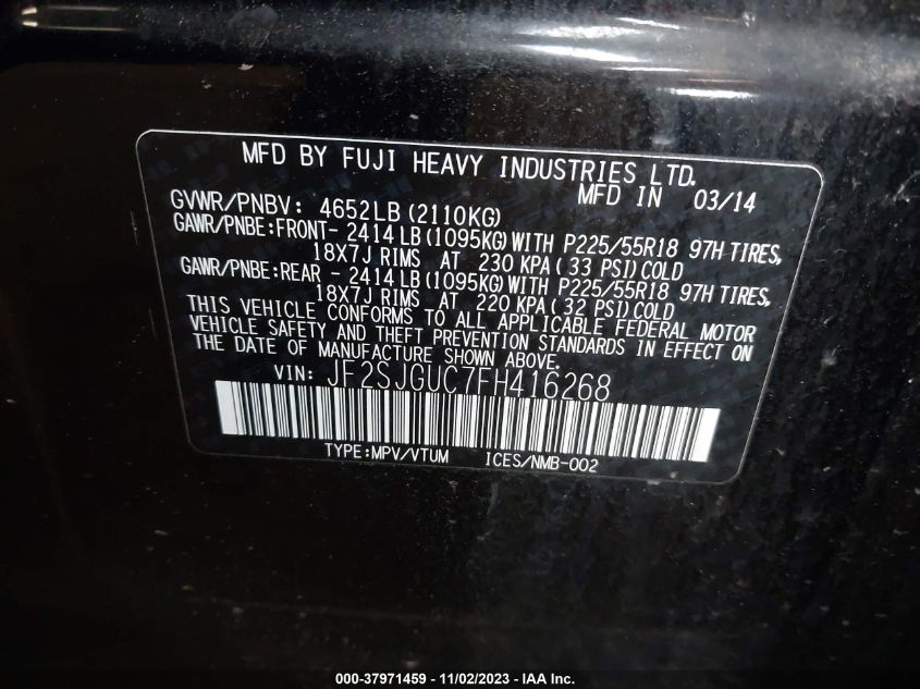 2015 SUBARU FORESTER 2.0XT TOURING - JF2SJGUC7FH416268