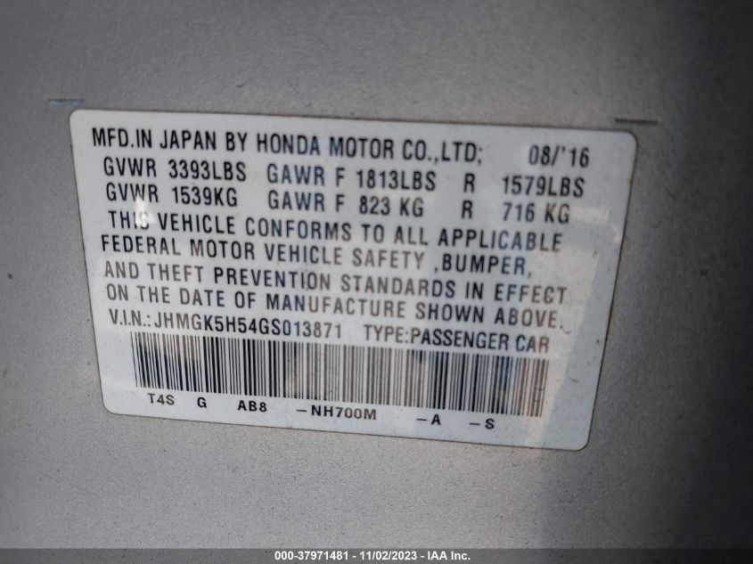2016 HONDA FIT LX - JHMGK5H54GS013871